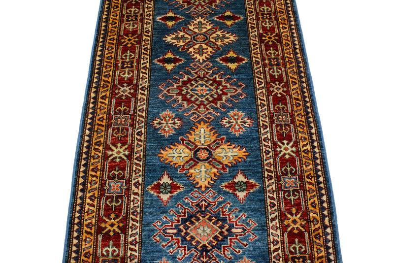 3x8 Blue and Red Kazak Tribal Runner