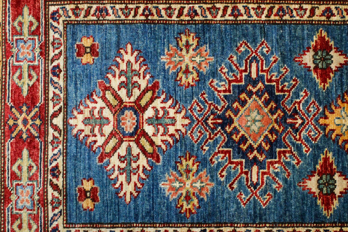 3x8 Blue and Red Kazak Tribal Runner
