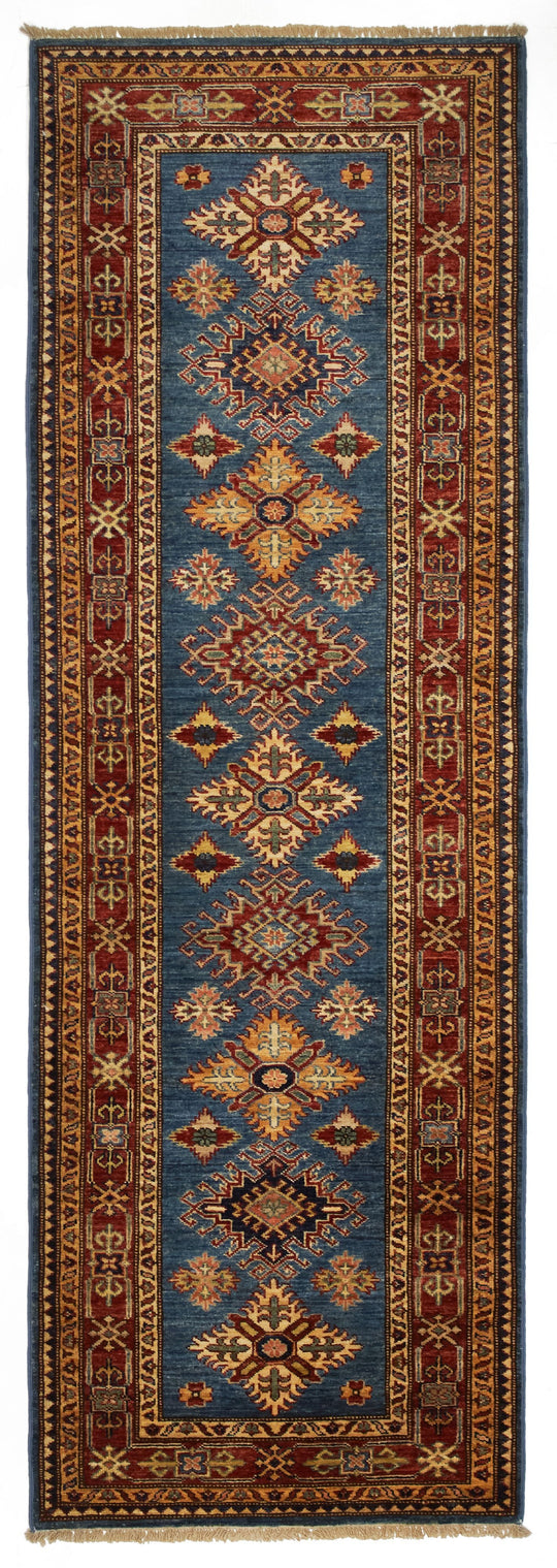 3x8 Blue and Red Kazak Tribal Runner