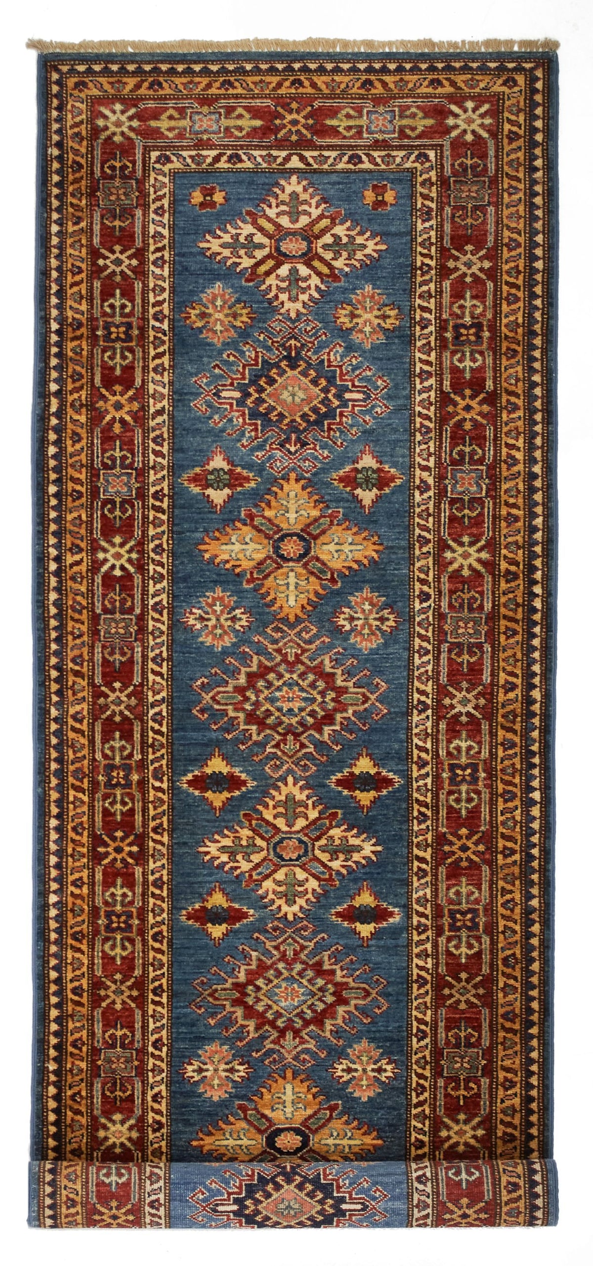 3x8 Blue and Red Kazak Tribal Runner