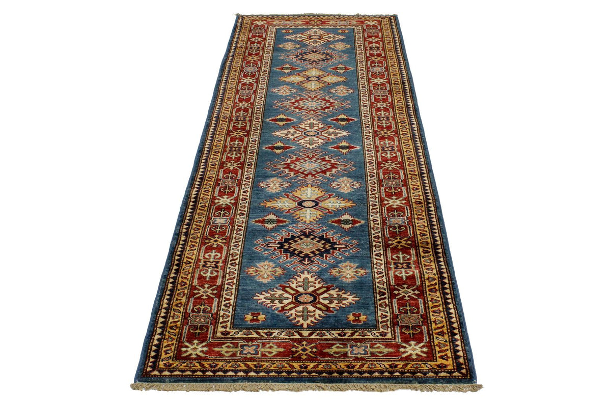 3x8 Blue and Red Kazak Tribal Runner