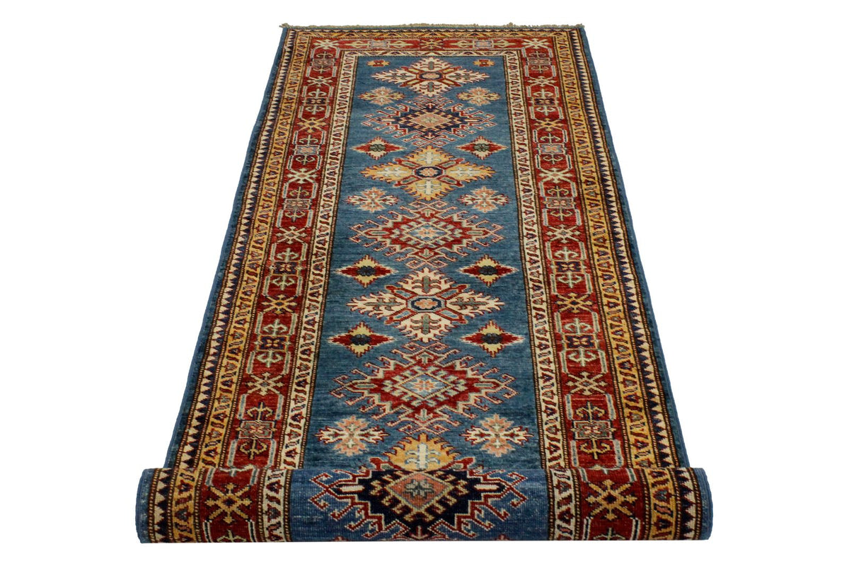 3x8 Blue and Red Kazak Tribal Runner
