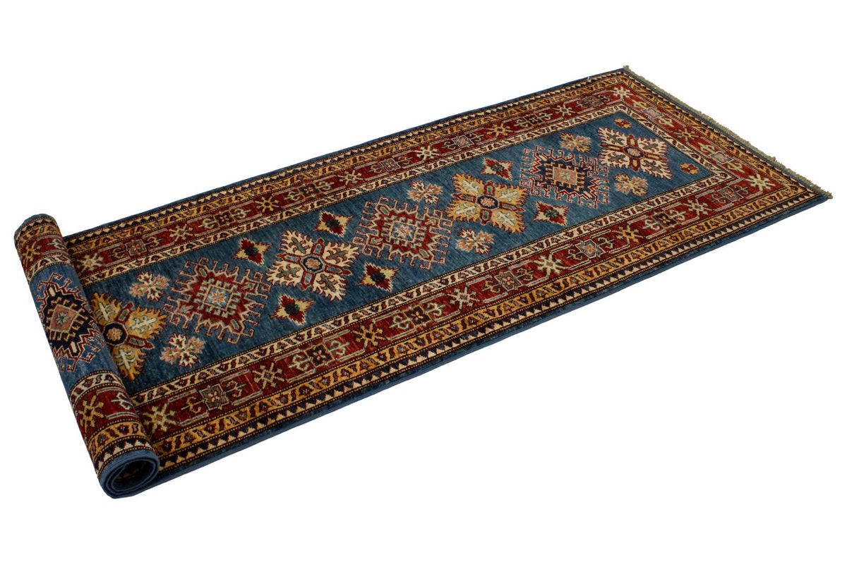 3x8 Blue and Red Kazak Tribal Runner