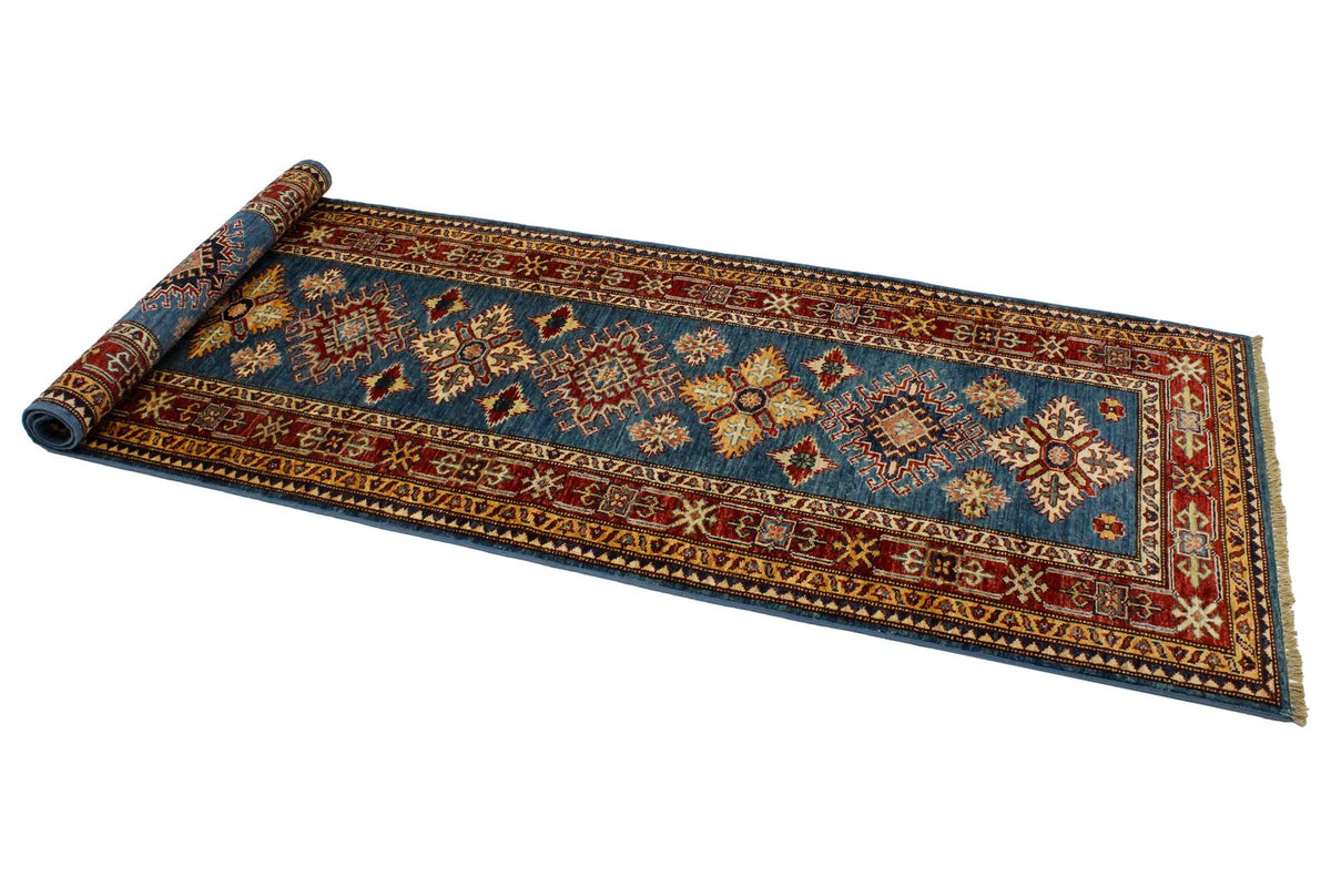 3x8 Blue and Red Kazak Tribal Runner