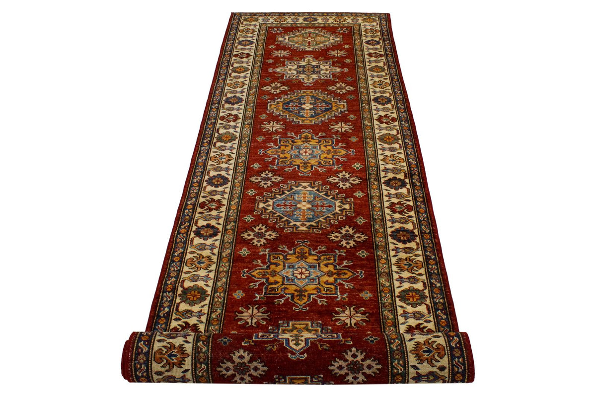 3x10 Red and Ivory Kazak Tribal Runner