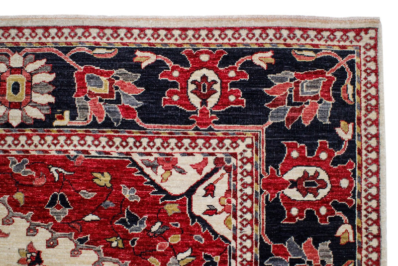 Vintage Handmade 8x10 Ivory and Navy Anatolian Caucasian Tribal Distressed Area Rug