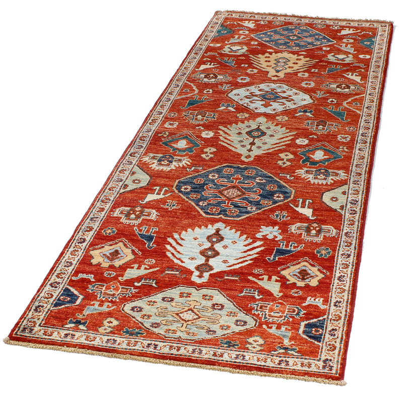 Vintage Handmade 3x8 Red and Blue Anatolian Turkish Tribal Distressed Area Runner