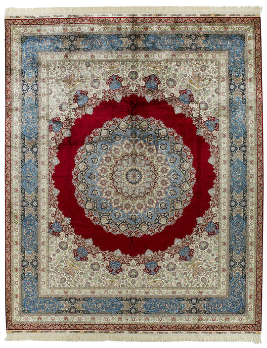 8x10 Red and Light Blue Turkish Silk Rug