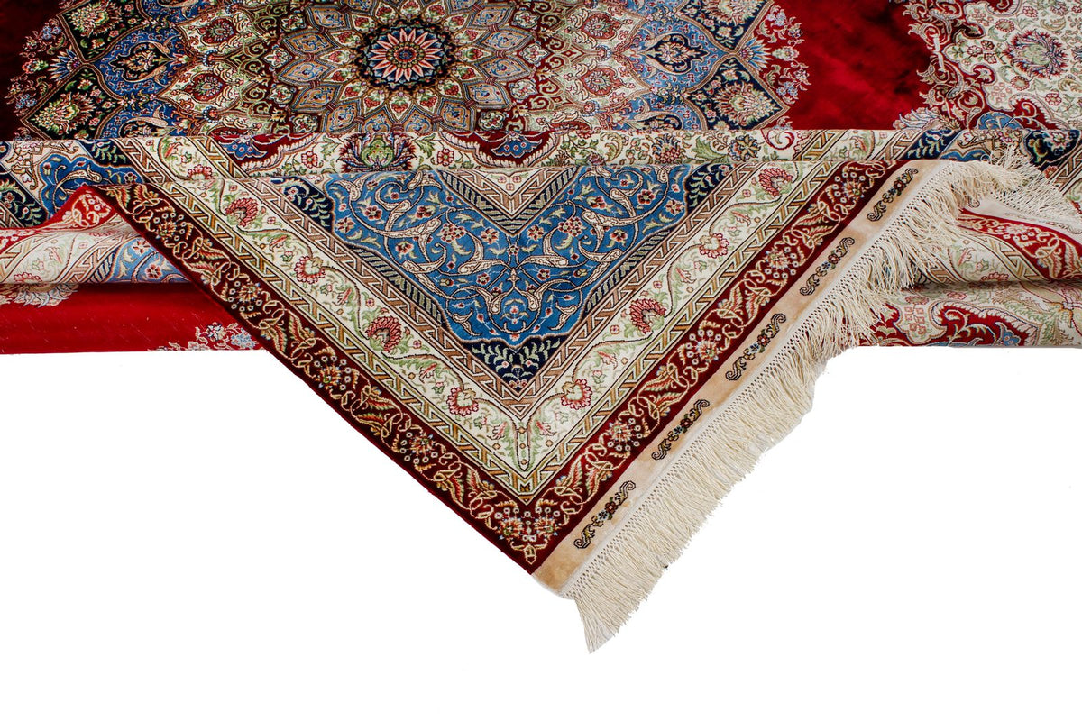 8x10 Red and Light Blue Turkish Silk Rug