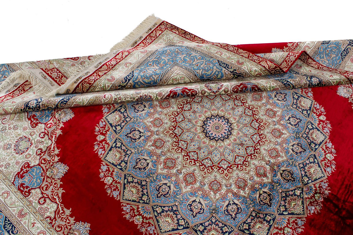 8x10 Red and Light Blue Turkish Silk Rug