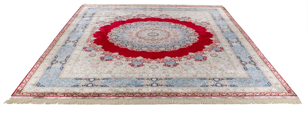 8x10 Red and Light Blue Turkish Silk Rug