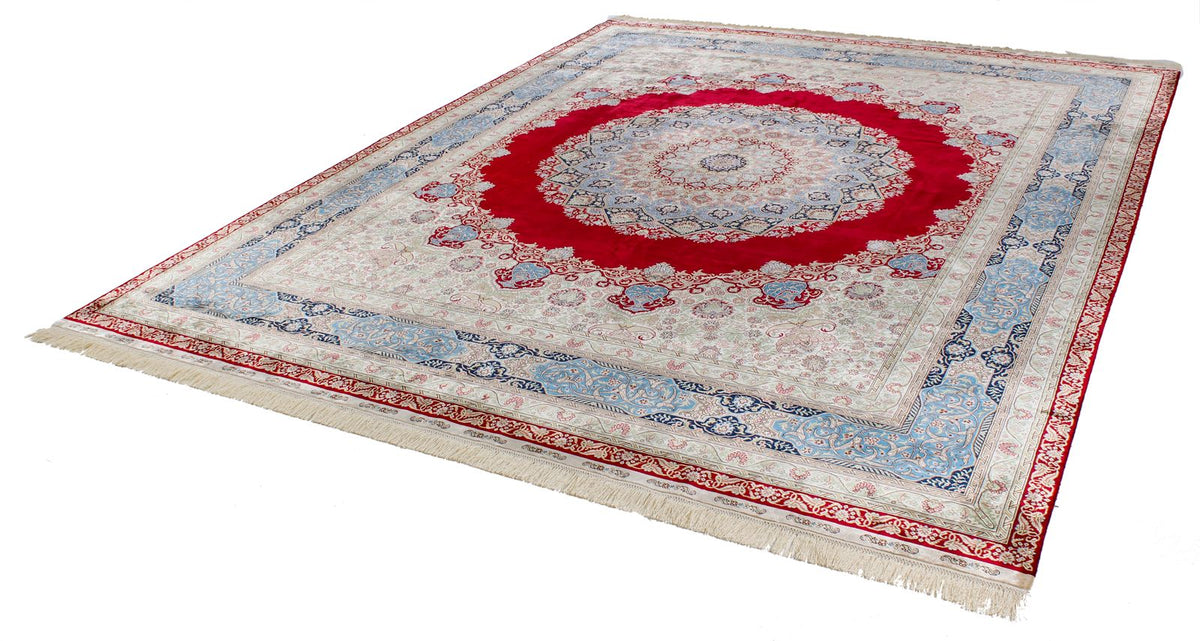8x10 Red and Light Blue Turkish Silk Rug