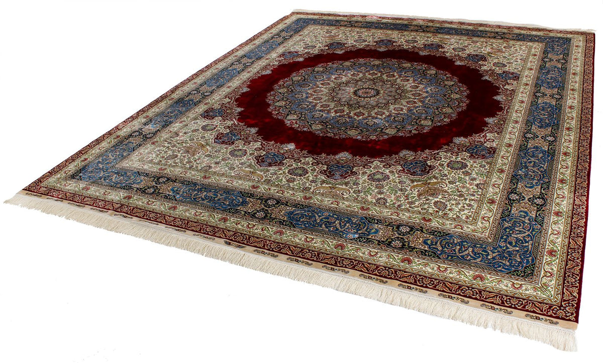 8x10 Red and Light Blue Turkish Silk Rug
