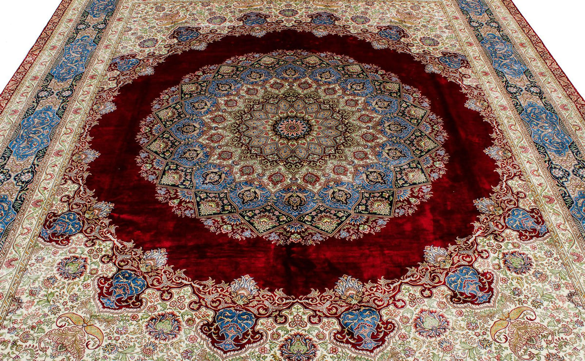 8x10 Red and Light Blue Turkish Silk Rug