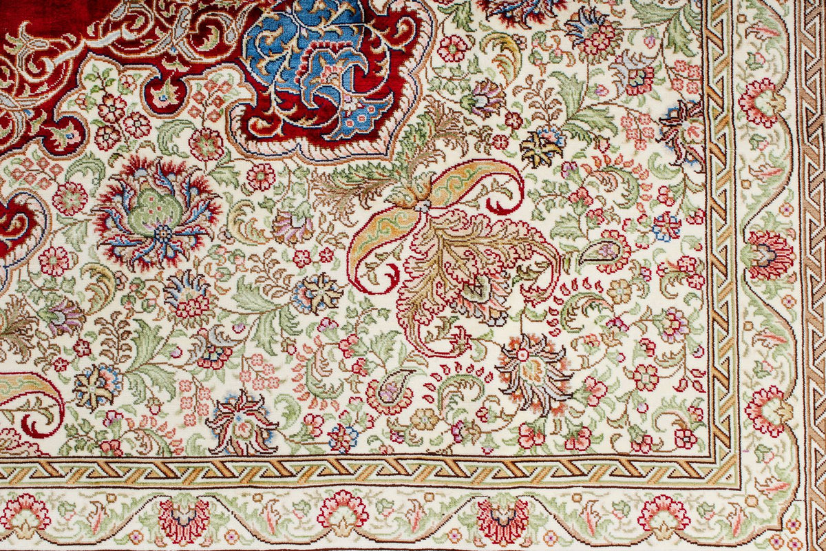 8x10 Red and Light Blue Turkish Silk Rug