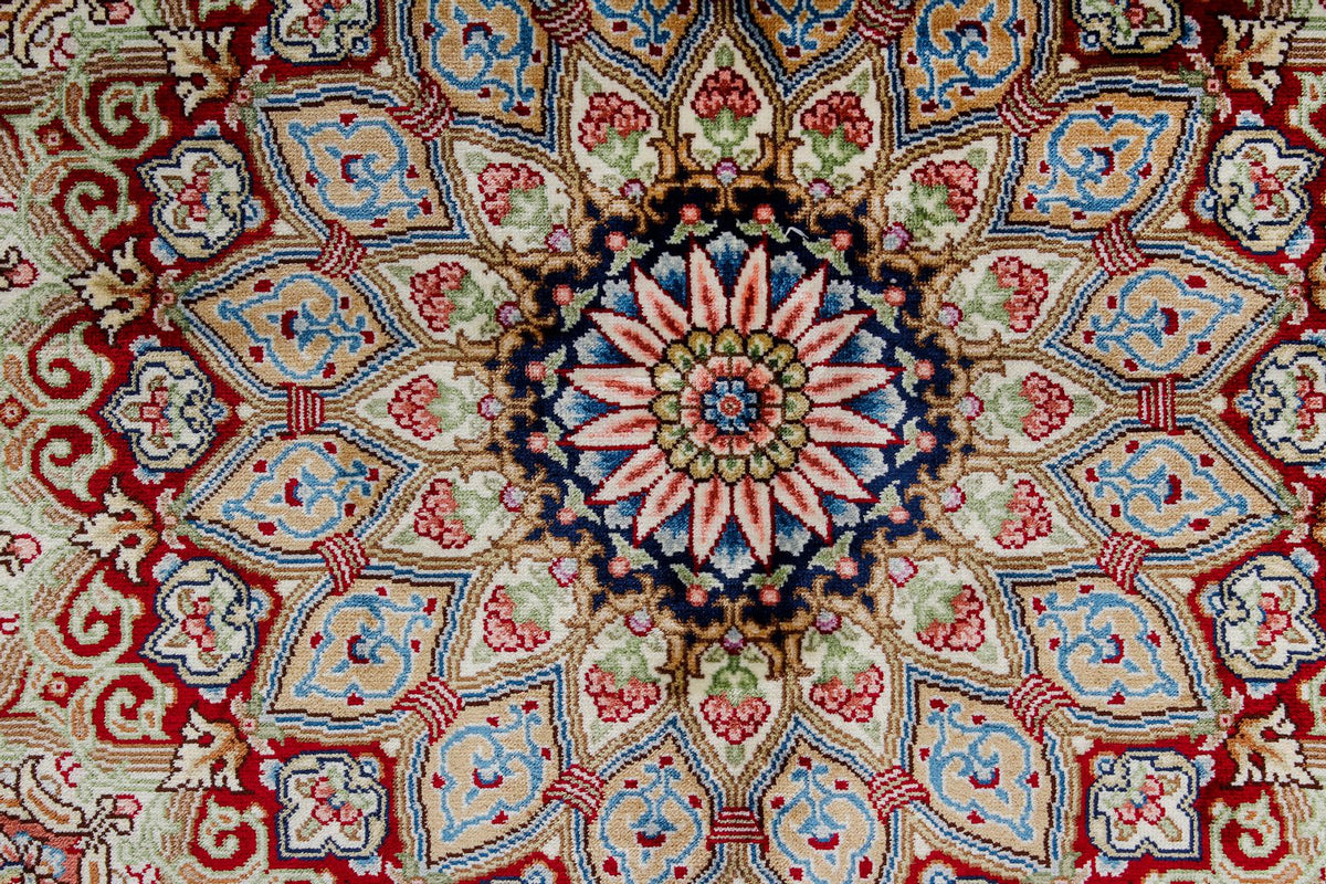 8x10 Red and Light Blue Turkish Silk Rug