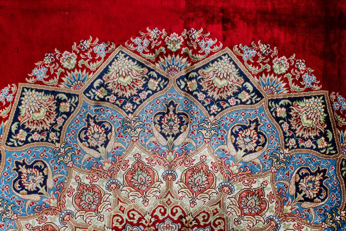 8x10 Red and Light Blue Turkish Silk Rug