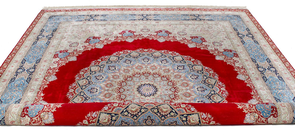 8x10 Red and Light Blue Turkish Silk Rug