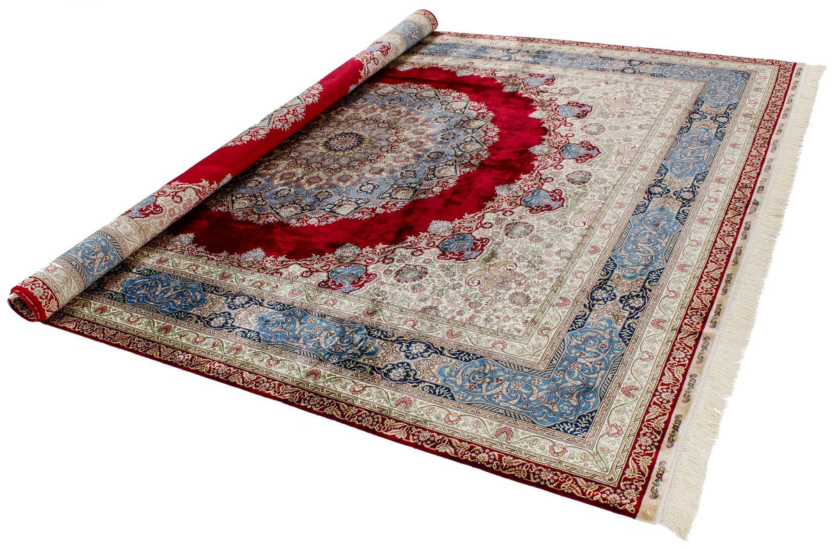 8x10 Red and Light Blue Turkish Silk Rug