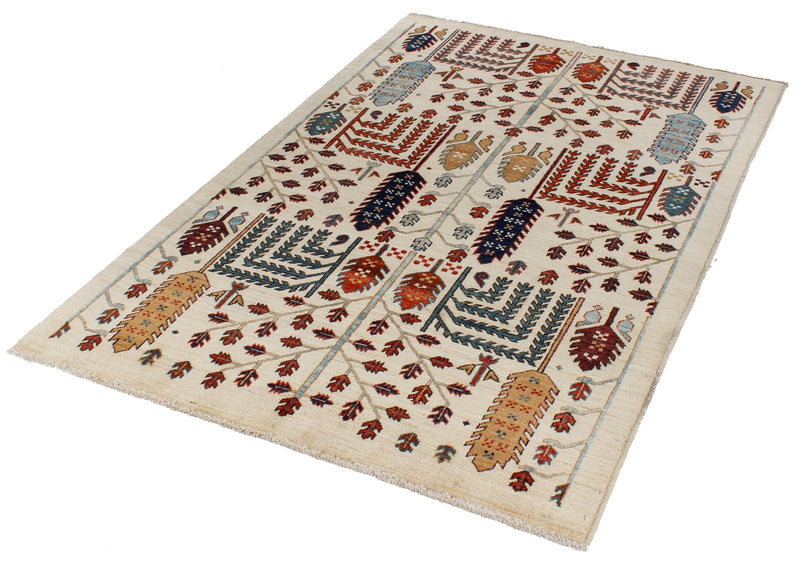 4x6 Ivory and Multicolor Anatolian Traditional Rug