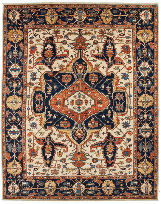 9x11 Ivory and Navy Anatolian Traditional Rug