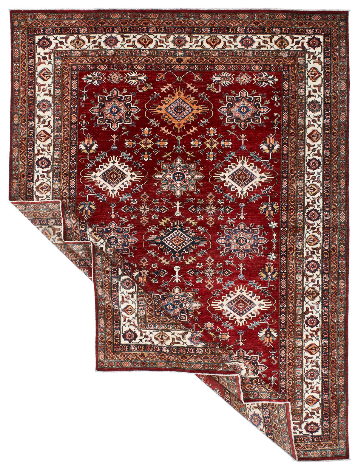 9x12 Red and Ivory Kazak Tribal Rug