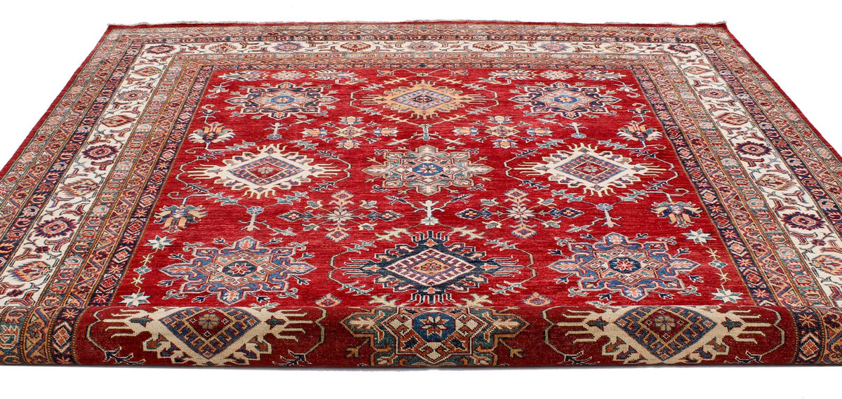 9x12 Red and Ivory Kazak Tribal Rug