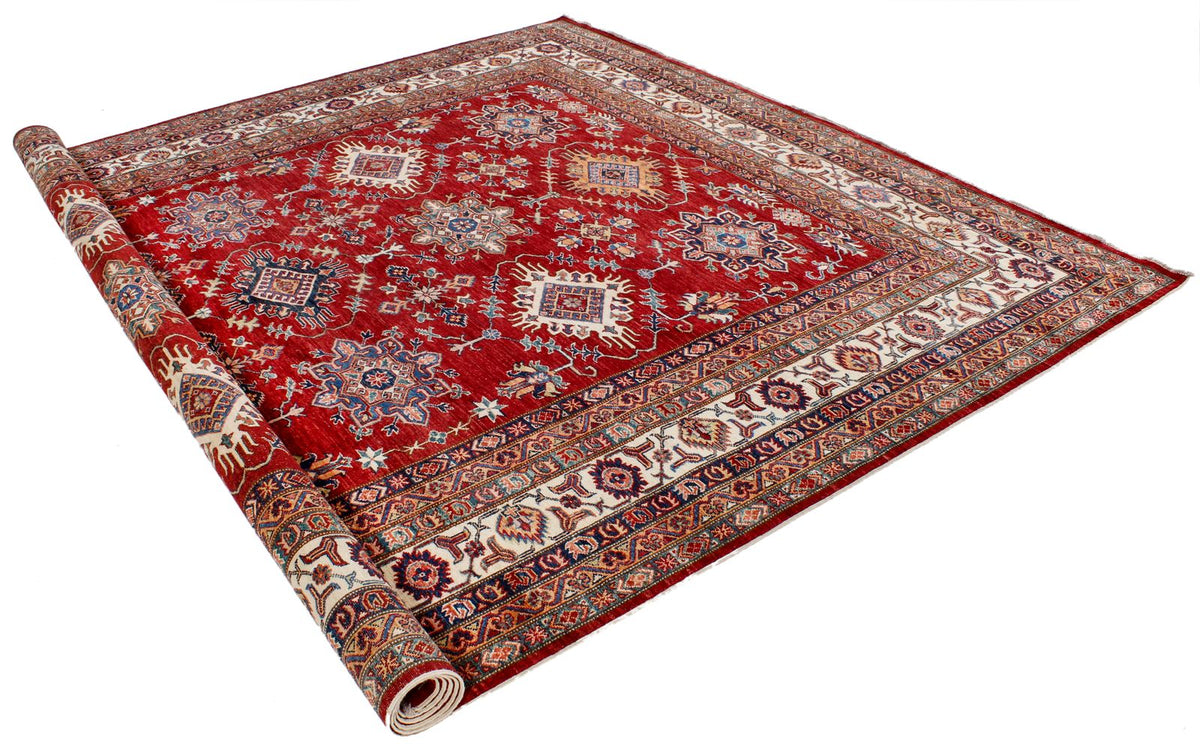 9x12 Red and Ivory Kazak Tribal Rug