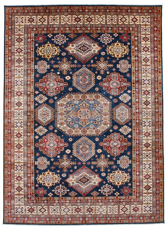 9x12 Navy and Ivory Kazak Tribal Rug