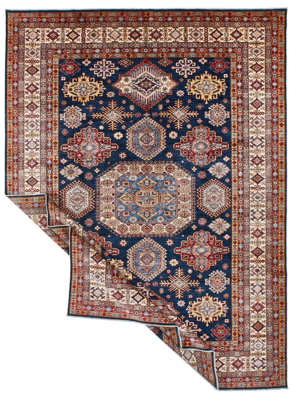 9x12 Navy and Ivory Kazak Tribal Rug