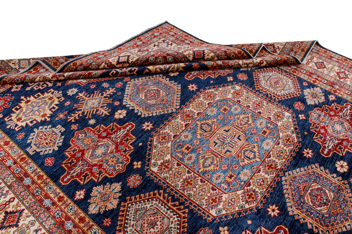 9x12 Navy and Ivory Kazak Tribal Rug