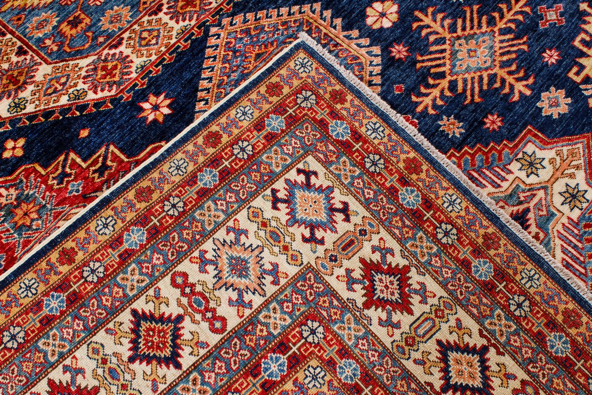 9x12 Navy and Ivory Kazak Tribal Rug