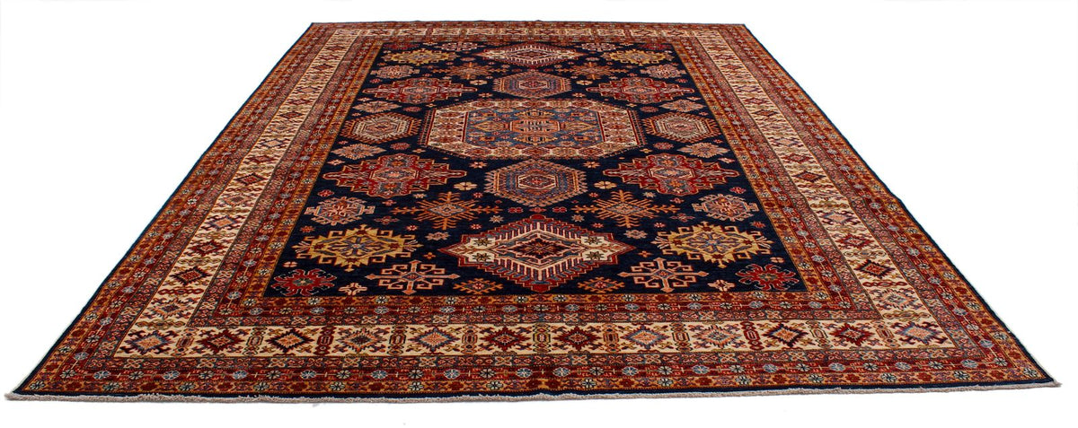 9x12 Navy and Ivory Kazak Tribal Rug