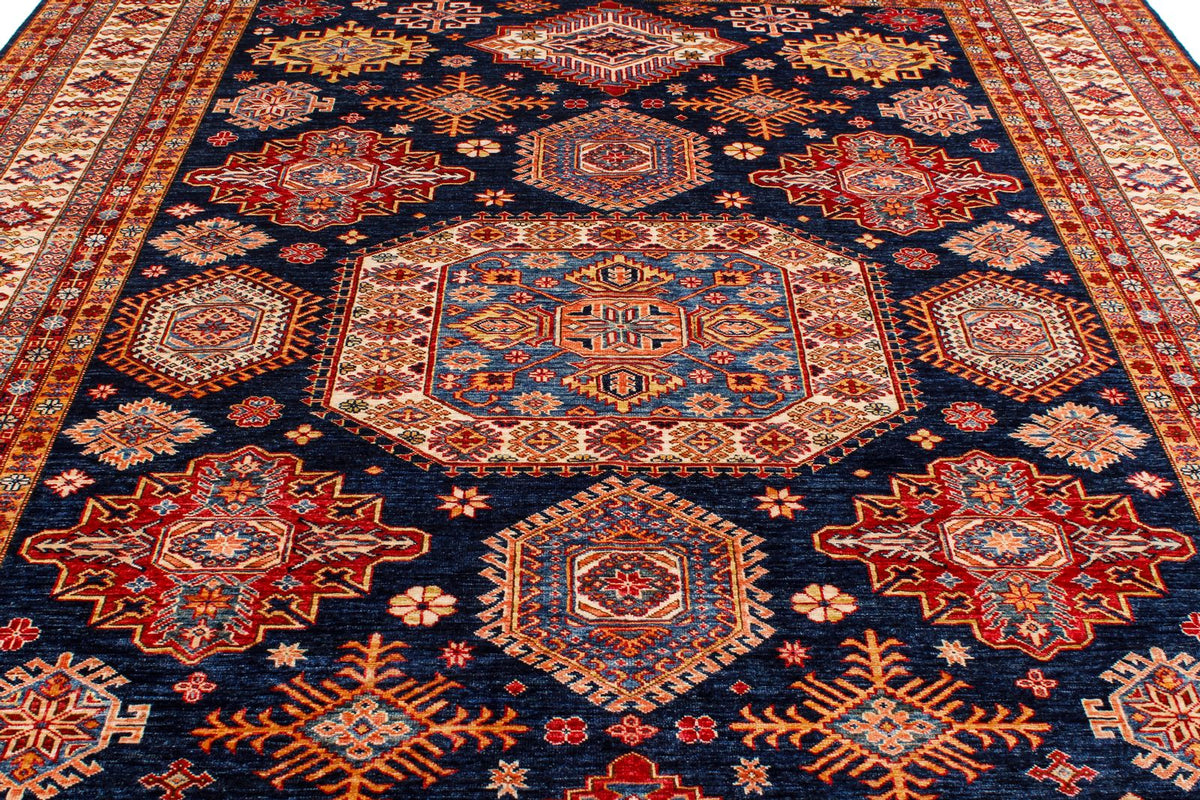 9x12 Navy and Ivory Kazak Tribal Rug