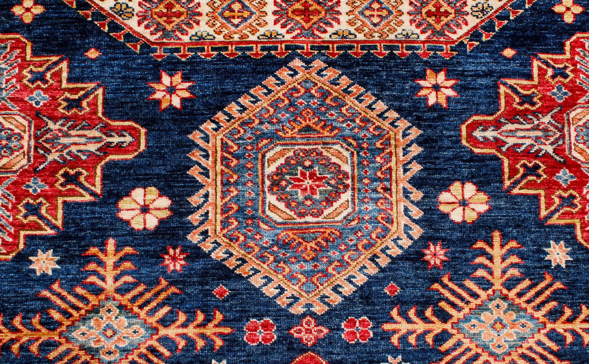 9x12 Navy and Ivory Kazak Tribal Rug