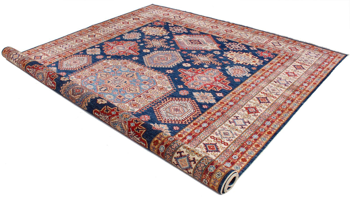 9x12 Navy and Ivory Kazak Tribal Rug