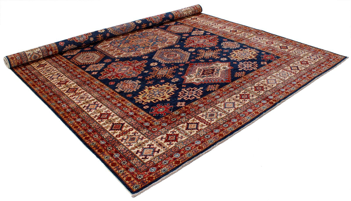 9x12 Navy and Ivory Kazak Tribal Rug