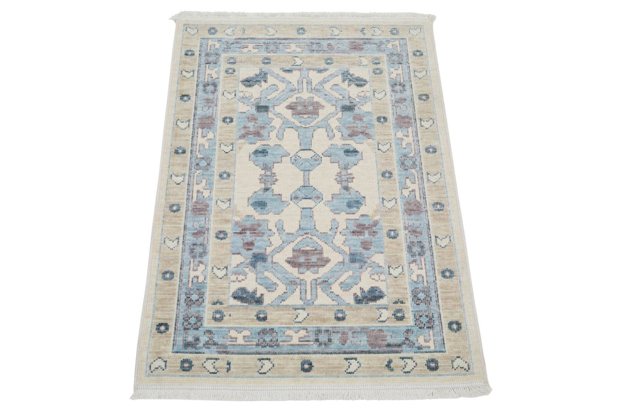 2x3 Ivory and Blue Turkish Traditional Rug
