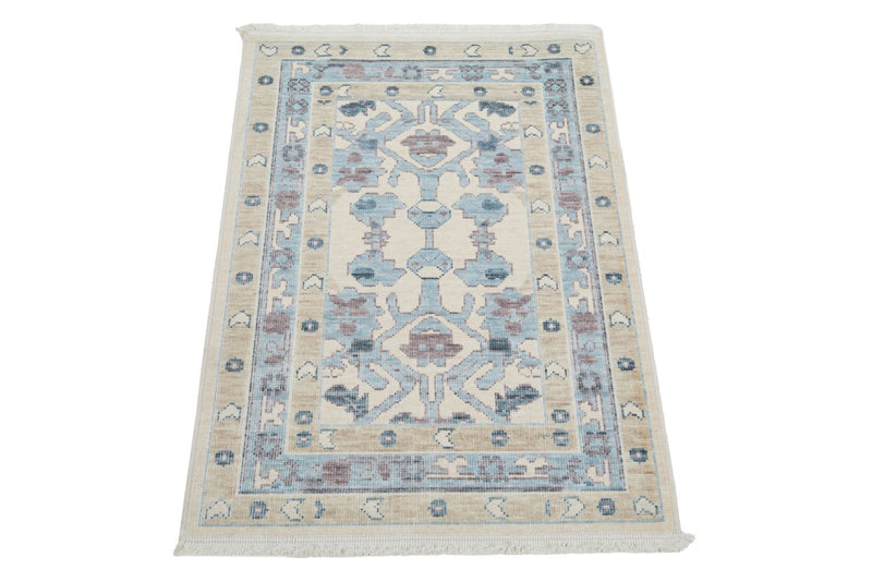 2x3 Ivory and Blue Turkish Traditional Rug