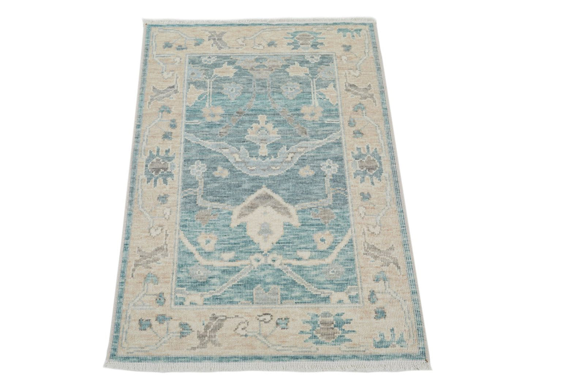 2x3 Green and Beige Turkish Traditional Rug
