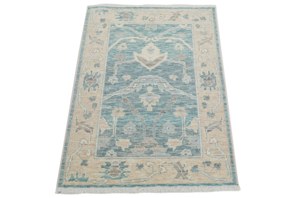 2x3 Green and Beige Turkish Traditional Rug