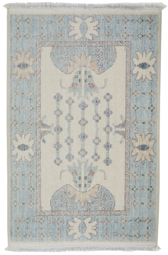 2x3 Ivory and Blue Turkish Traditional Rug