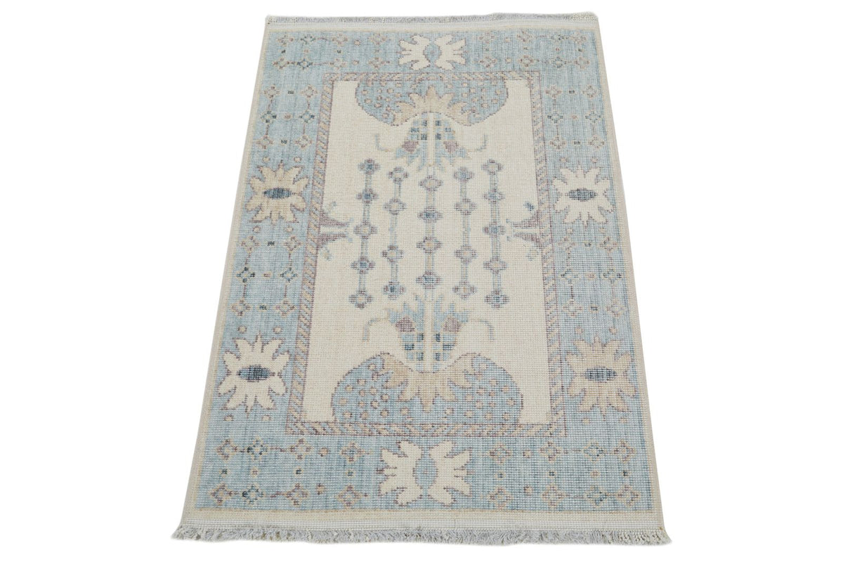 2x3 Ivory and Blue Turkish Traditional Rug