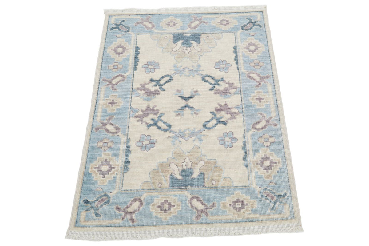 2x3 Beige and Blue Turkish Traditional Rug