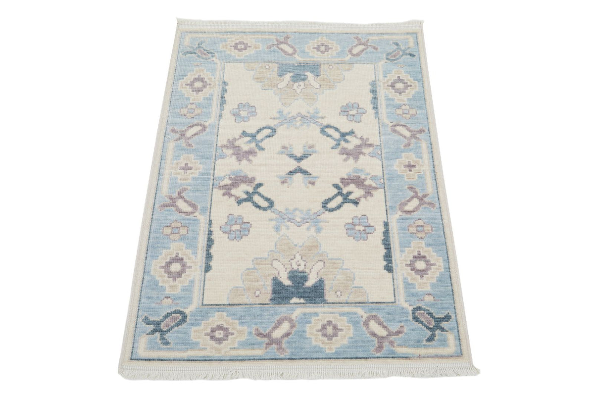 2x3 Beige and Blue Turkish Traditional Rug