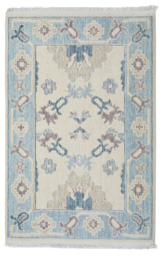 2x3 Ivory and Blue Turkish Traditional Rug