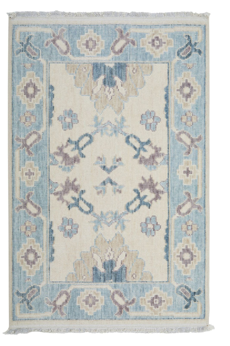 2x3 Ivory and Blue Turkish Traditional Rug