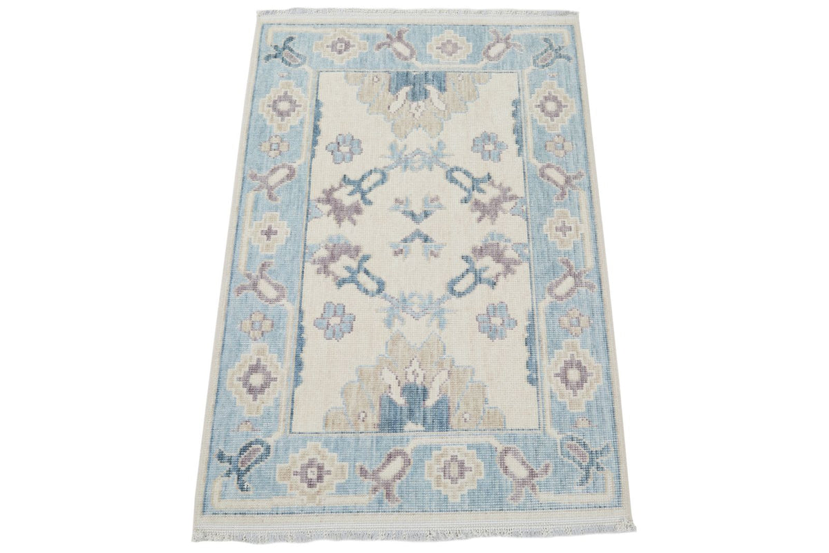 2x3 Ivory and Blue Turkish Traditional Rug