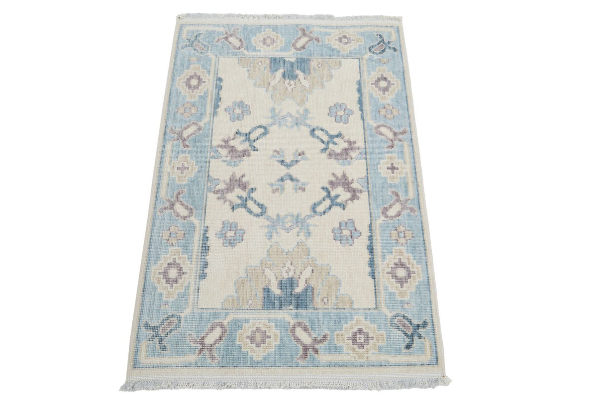 2x3 Ivory and Blue Turkish Traditional Rug