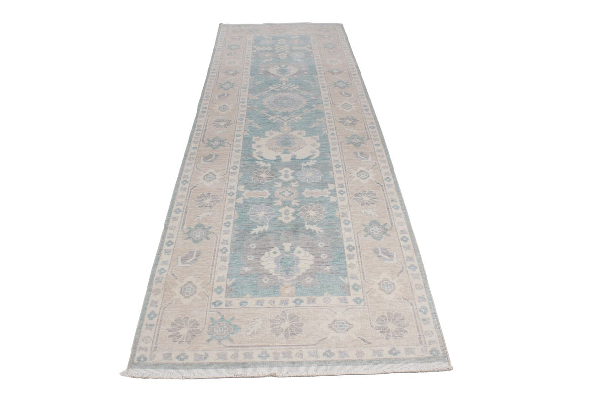 3x11 Green and Beige Turkish Traditional Runner